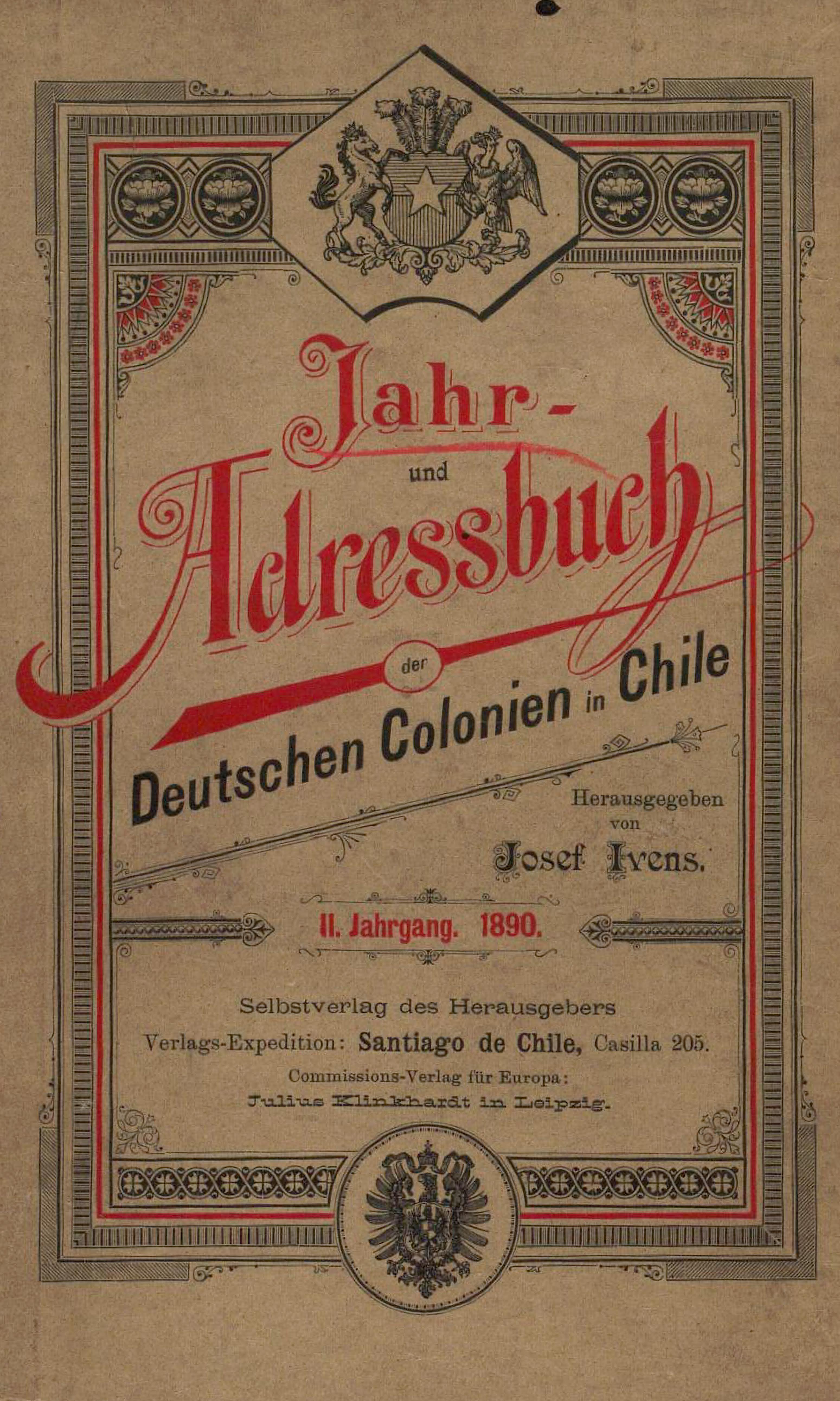 Portada original del Jahr- und Adress-Buch der deutschen Colonien in Chile (1890)