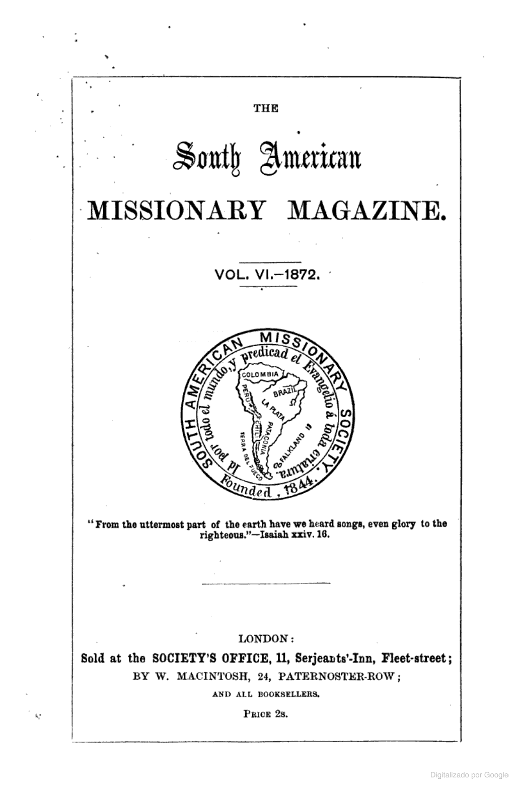 Portada original de The South American Missionary Magazine, volumen VI (1872)